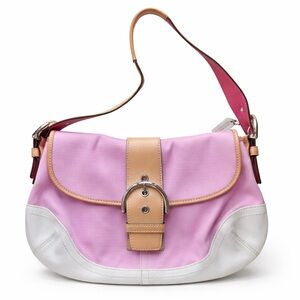L04Q-1816 Coach Pink Canvas White & Tan Leather Soho Hobo Buckle Flap Bag